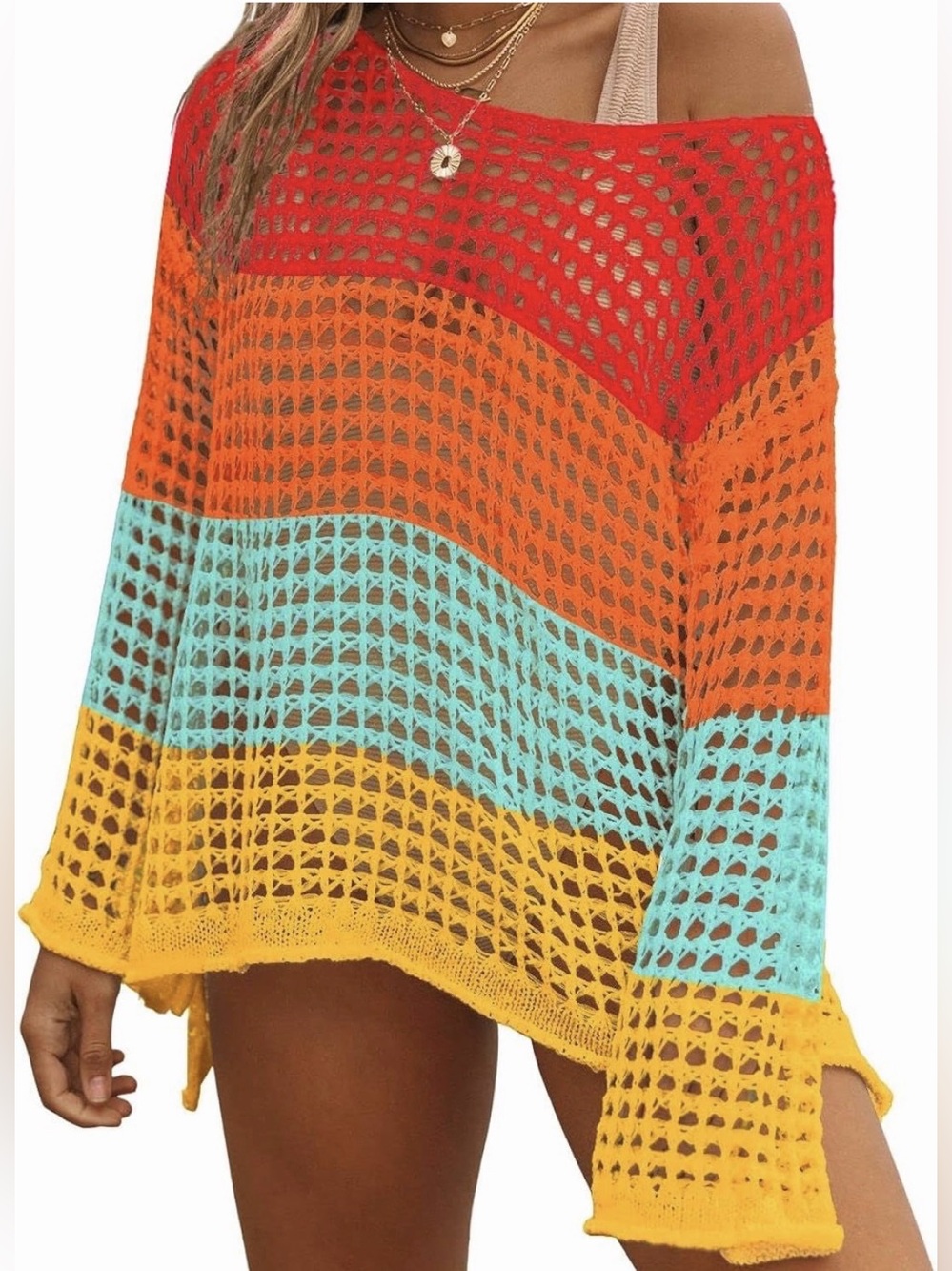 Women’s Multicolor Crochet Beach Cover-Up Sweater OS NEW